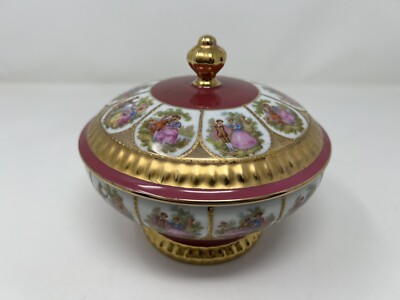 Vtg German Bavarian Bareuther Waldsassen Lidded Dish Red & Gold 6.5  Inch