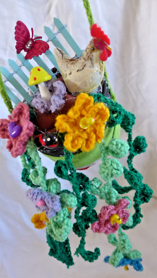 Handmade Fairy garden Pot Hand Crocheted in Beutifull Soft Wool colors by artist