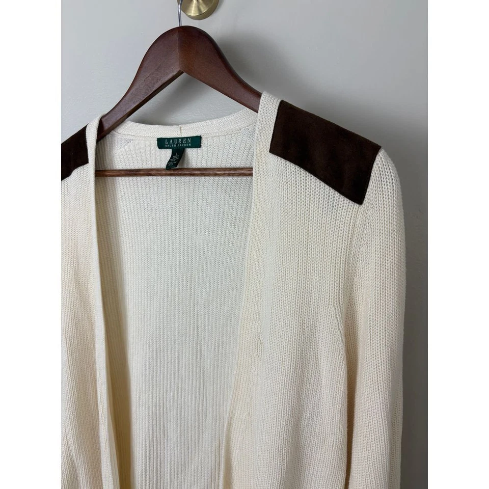 Lauren Ralph Lauren Cream Cardigan Sweater Knit Suede Shoulder Sz Large Flaw - Image 2 of 4