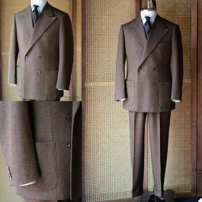 Vintage Herren Fischgrät Smoking Spitzes Revers Zweireiher Blazer 2 Stück