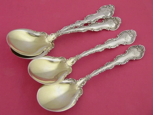 4 Rare Sterling Silver GORHAM Ice Cream Spoons w/ scroll edge STRASBOURG 1897