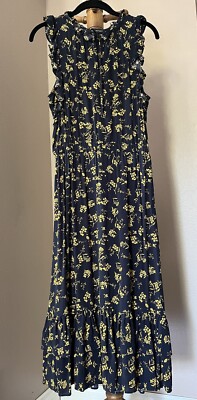 BANANA REPUBLIC Ruffle Trim Hem Floral Navy/Gold Crepe Midi Dress Size 8
