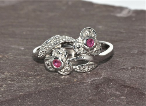 Sterling Silver 925 Natural Ruby & Diamond Flower Petal Twist Ring Size M - Picture 4 of 9
