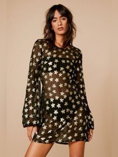 Nwt Jacquard Glitter Star Open Back Cover Up Mini Dress bell sleeve size 10