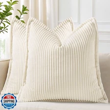 decorUhome Corduroy Cream White Throw Pillow Covers 24x24 Set of 2 Decorative