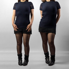 Prada Knitted Embroidered Cotton Navy Blue Crochet Sleeve Mini Short Dress XS-S