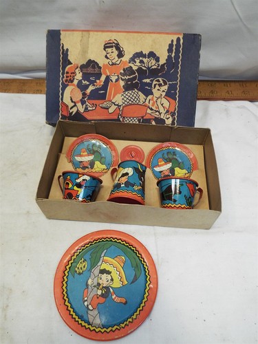 Ohio Art Co Vintage Tin Litho Children's Tea Set in Box Teacup Child