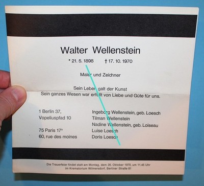 Walter Wellenstein ,Maler und Zeichner ,Originale Trauerkarte von 1970