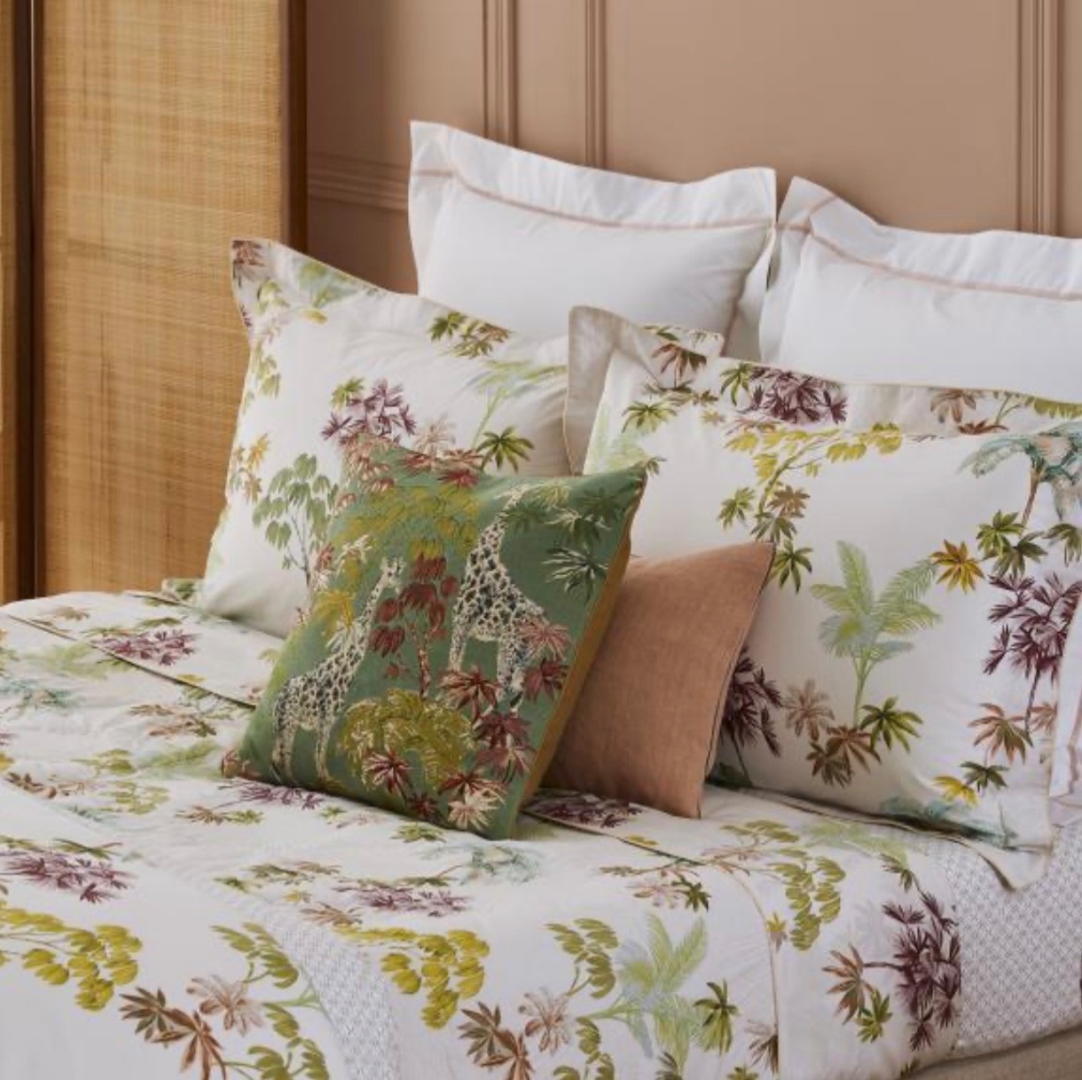 RARE YVES DELORME LAOS 2 BOUDOIR SHAMS BOTANICAL TROPICAL TREE FLOWER PINK GREEN