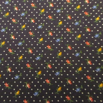 Cotton Fabric Blue Red Orange Micro Rose Buds on Dark Blue  18'' x 44''