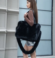 Large Faux Fur Handbag Shoulder Tote Hand Carry  Winter Bag Chic and Cozy NWT