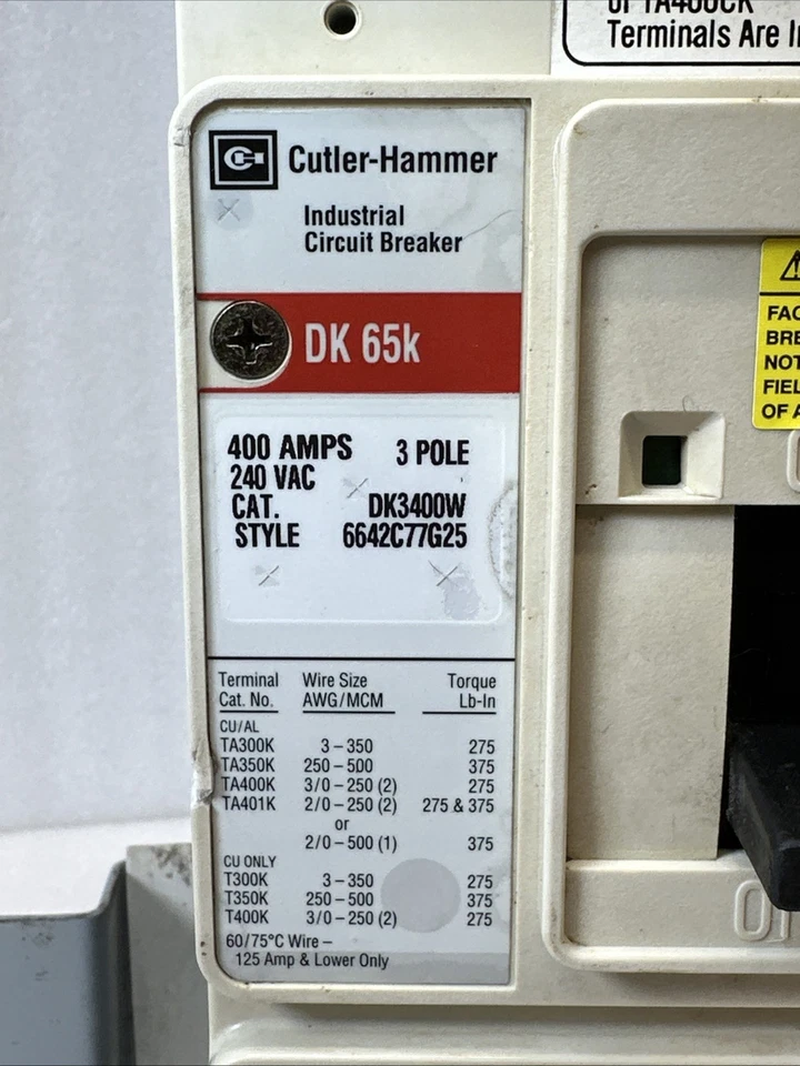Eaton DK3400W 3P 400A 240V Circuit Breaker w/400A Trip - Image 2 of 4
