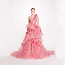 Strapless 3D Floral Tulle Evening Gown Tiered Ruffle Prom Dress With Train