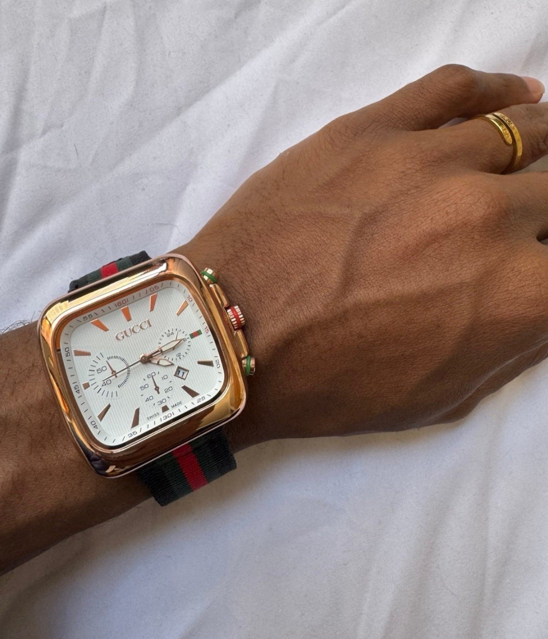 Gucci Men's Square Chronograph Quartz Gold Case White Dial NATO Strap Watch
