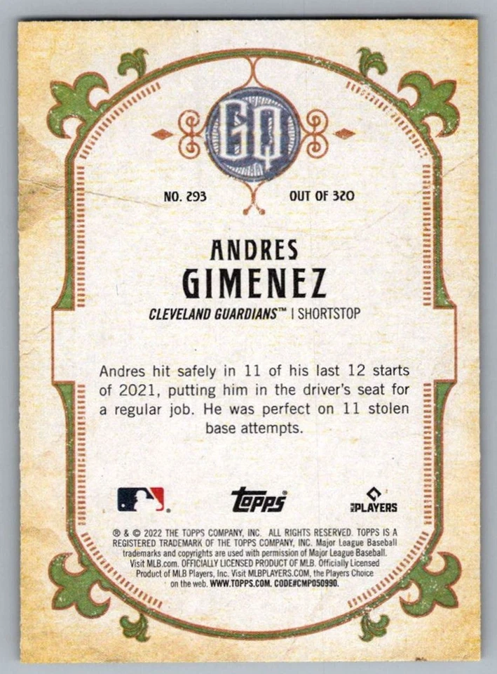2022 Topps Gypsy Queen Green Andres Gimenez Cleveland Guardians #293 - Image 2 of 2