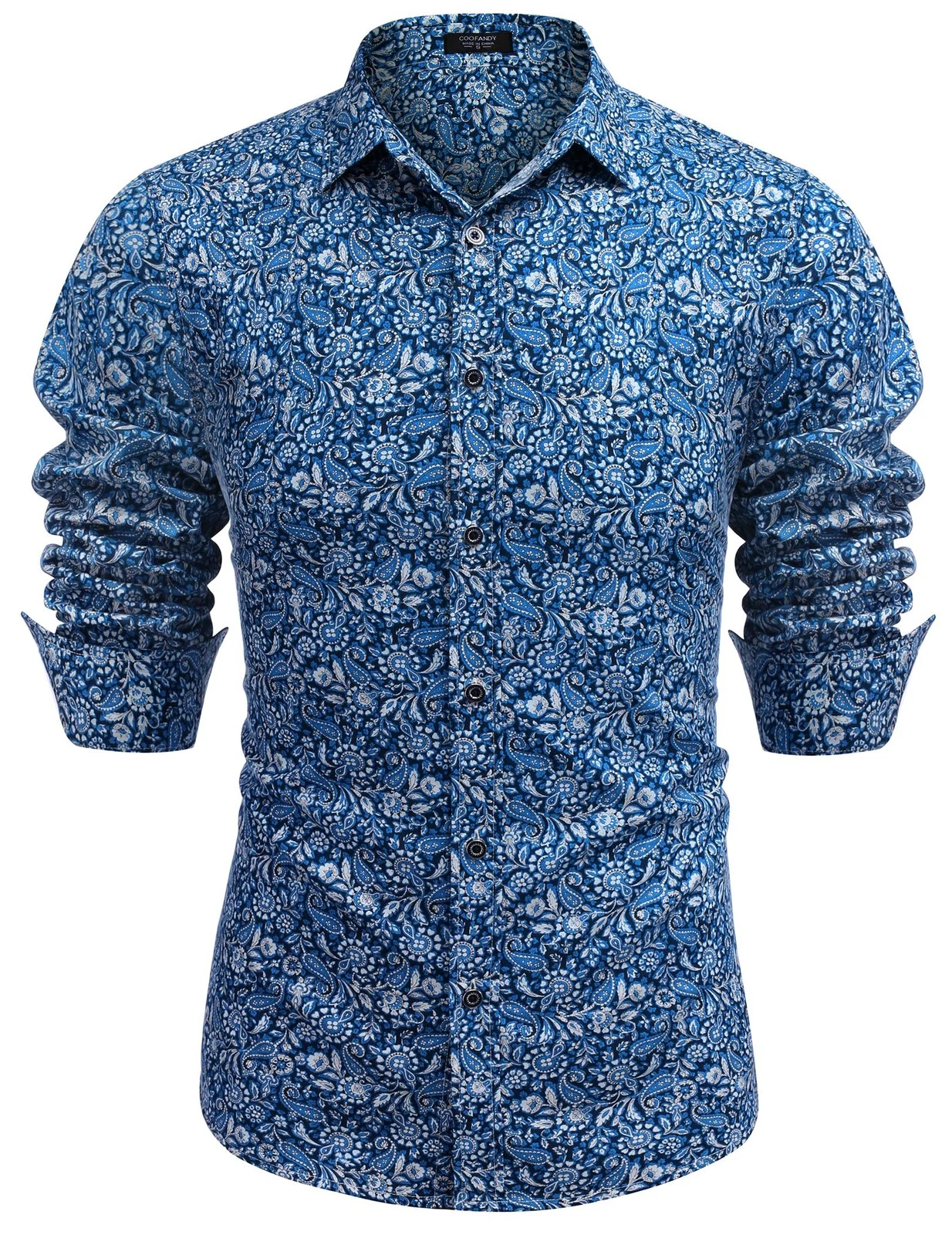 Men Dress Shirt Long Sleeve Floral Print Button Down Shirt(blue pattern, L)