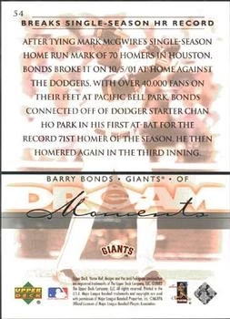 2002 Upper Deck Honor Roll #54 Barry Bonds NM - Image 2 of 2