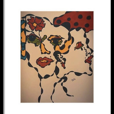 Yuli VG  Abstract Faces and Flowers Painting Multicolor Framed Signed Art