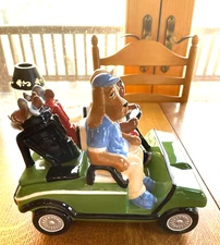 CLAY ART COOKIE JAR DOGS IN A GOLF CART - VERY HEAVY