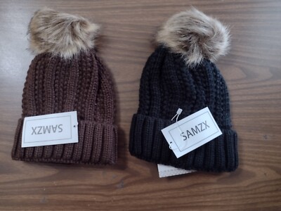 SAMZX Women's Winter Hat Thick Cable Knit Beanie Faux Fur Pom Pom Set of  Hats