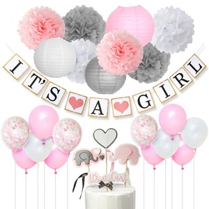 Pink White And Gray Decorations Set With Elephant Cake Topper For
