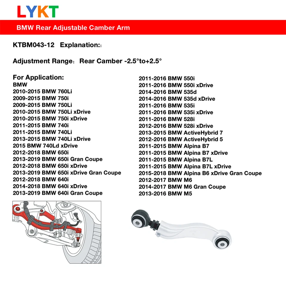 LYKT 2pcs Adjustable Arms Alignment Rear Camber Kit for BMW 528~760、B7、M5、M6 Foto 2 de 4
