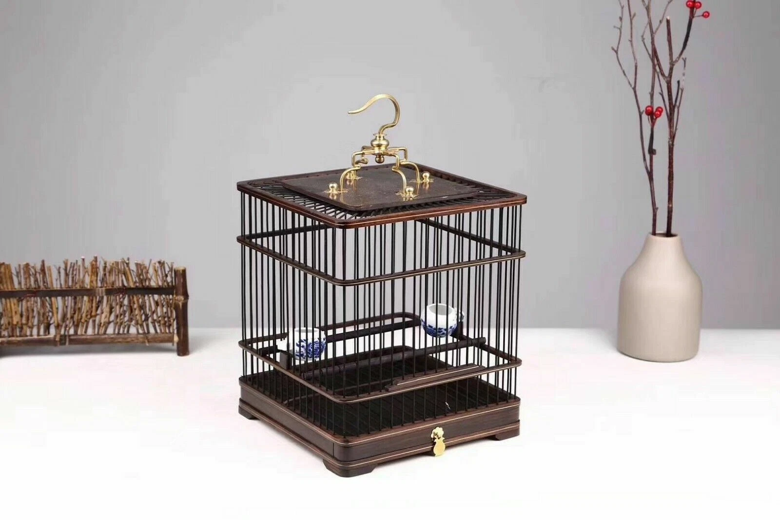 Exquisite Handmade Chinese Ebony Wood Bird cage Birdcage