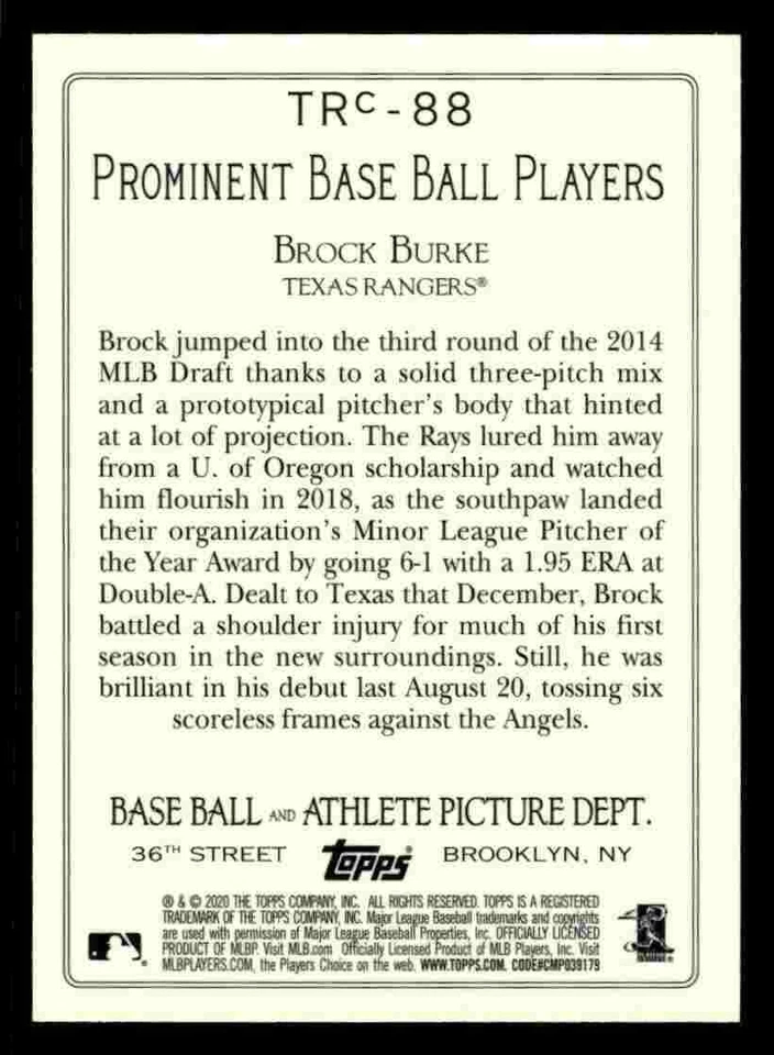 2020 Topps Turkey Red 2020 Chrome (Series 2) Brock Burke #TRC-88 - Texas Rangers - Image 2 of 2