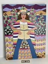 Vintage Original Acrylic Painting -Southwestern Cowgirl and Hollyhocks -Signed