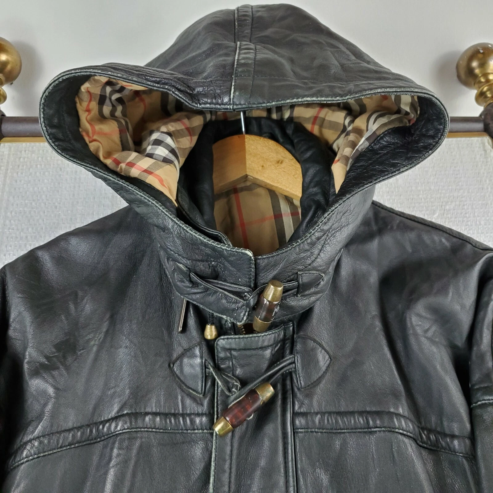 Raro cappotto vintage Burberrys England taglia grande da uomo in pelle con cappuccio e levetta