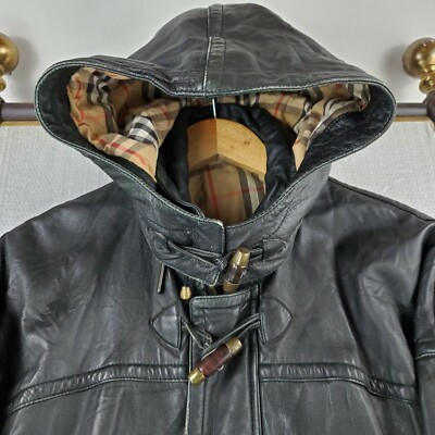 Rare VTG BURBERRYS England Size Large Mens Leather Hooded Toggle