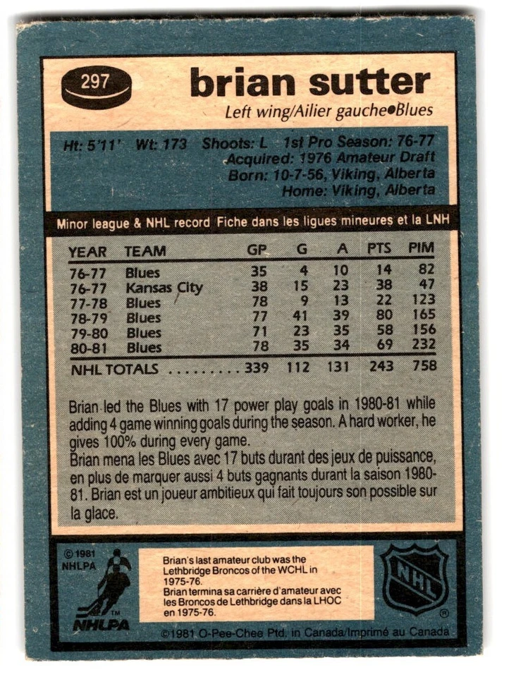 1981-82 O-Pee-Chee Brian Sutter #297 St. Louis Blues - Image 2 of 2