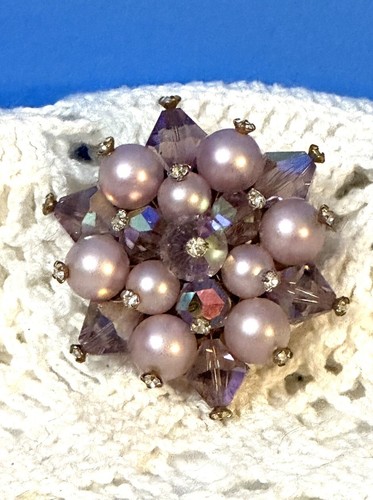 Vintage Purple Pearl And AB Crystal Starburst Brooch With Crystal Tips