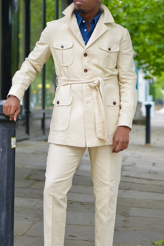 Men Bespoke Ivory Linen 2pc Safari Suit 