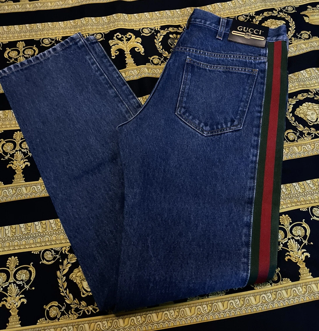 NEW Gucci Classic Web Stripe Washed Denim Petroleum Straight Blue