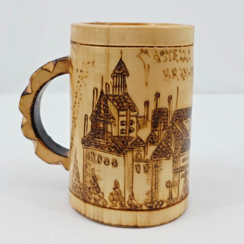 Handmade Romania Souvenir Mug 5" Burned Bran Castle Wood Folk Art Travel Cup