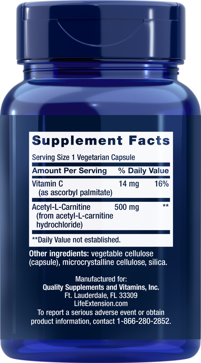 l carnitine homeopathic medicine Acetyl L-Carnitine 500mg 100 Caps Non GMO Life Extension Mitochondrial  /Nerves