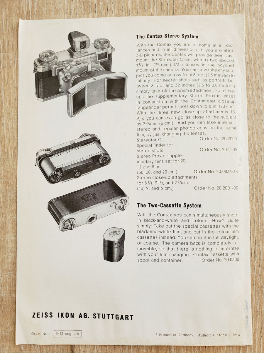 ZEISS IKON CONTAX IIa & IIIa Camera Vintage 1959 Sales Brochure