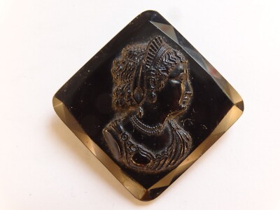 Antique Art Nouveau Deco Cameo Momento Mori Mourning Czech Glass Brooch