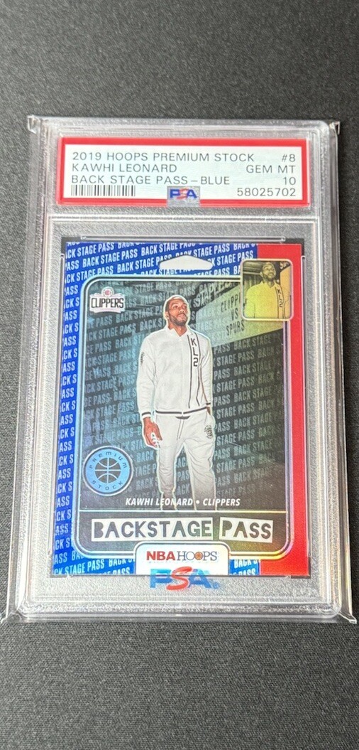 2019 Hoops Premium Stock Blue Kawhi Leonard PSA 10 #8 Back Stage Pass Clippers