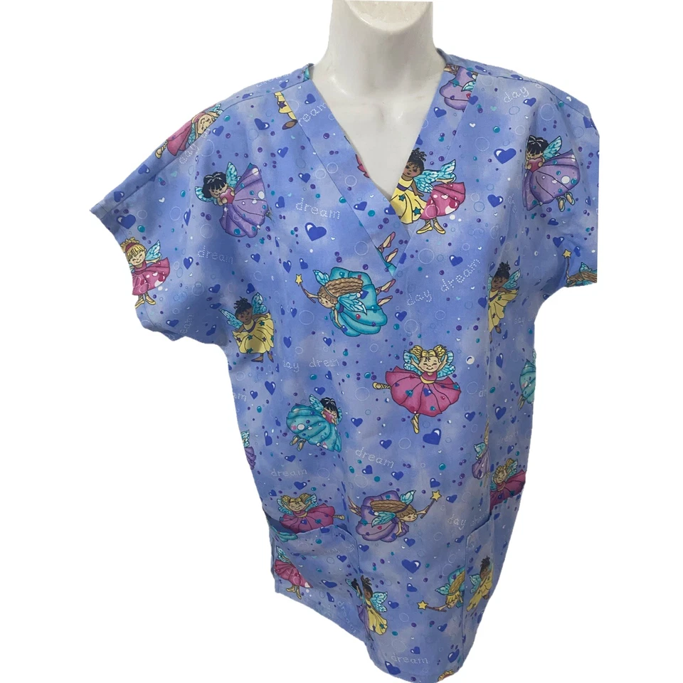 Simply Basic Scrub Top Womens Periwinkle Blue ANGEL PATTERN Size Small ECU - Image 3 of 4