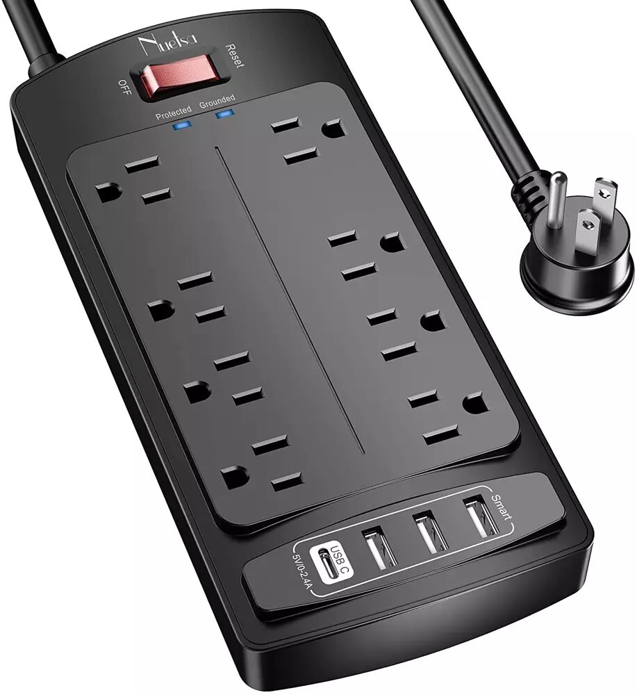 Surge Protector Power Strip Flat Plug Extension Cord with 8 Outlets and 4 USB-image