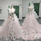 Bohemian Light Pink Wedding Dresses with 3D Flowers Court Train Bridal Gowns