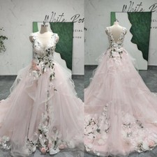 Bohemian Light Pink Wedding Dresses with 3D Flowers Court Train Bridal Gowns