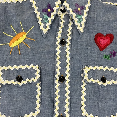 Vintage JC Penney Towncraft Denim Shirt Top Kids 14 Embroidered White Ric-rac - Picture 6 of 12