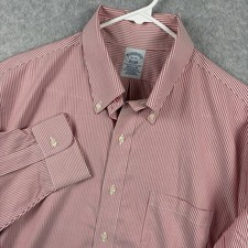 Brooks Brothers Shirt Mens 16 34 Large Red University Stripe OCBD Stretch Oxford