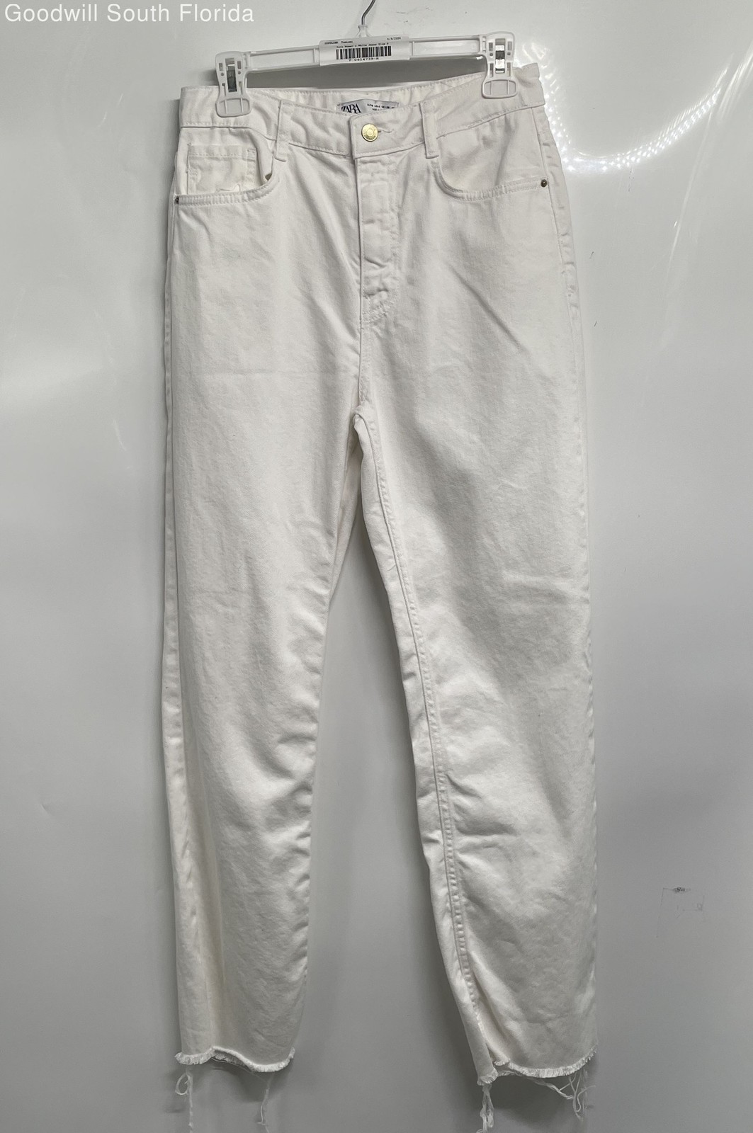 Zara Womens White Denim Light Wash Regular Fit Raw Hem Straight Leg Jeans Size 6