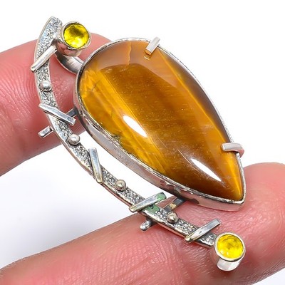 Thai Tiger'S Eye & Lemon Topaz 925 Sterling Silver Pendant 2.0'' T16