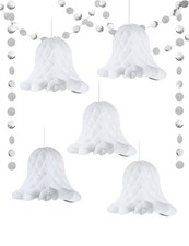 Hanging Paper Bells Honeycomb 5 Pieces and Glittery Silver Tassels,White Brid...