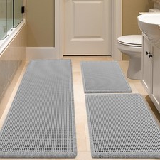 Waffle Bath Mat 3 Piece Light Grey Non Slip Soft Washable Boho - Absorbent Rugs